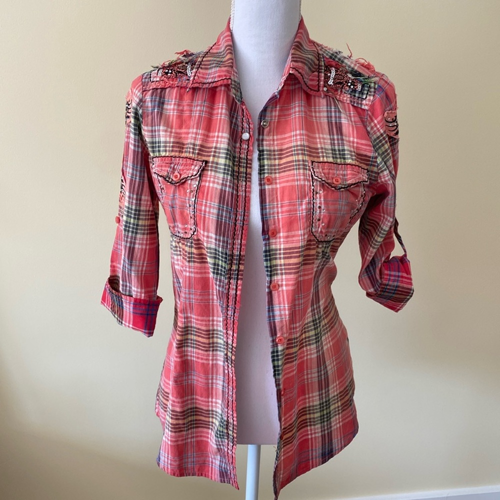 Roar Western Plaid Sequined Blouse Medium